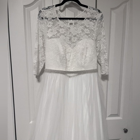 Beautiful Ivory Lace & Tulle Beaded Sash A-Line Wedding Dress sz.18 - Picture 3 of 13
